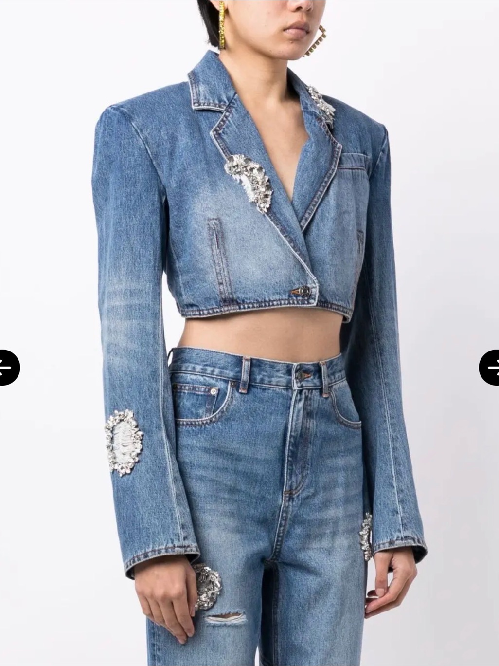 Area Sz 4 Cropped Crystal Embellished Blue Denim Jacket